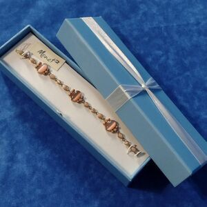 MONET 2 Gold Tone and Pink Cats Eye Link Bracelet in Original Gift Box Packaging